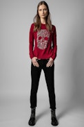 Gaby Skull Strass Sweater - Women's wine red sweater with rhinestone skull on front.
