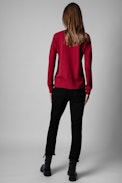 Gaby Skull Strass Sweater - Women's wine red sweater with rhinestone skull on front.