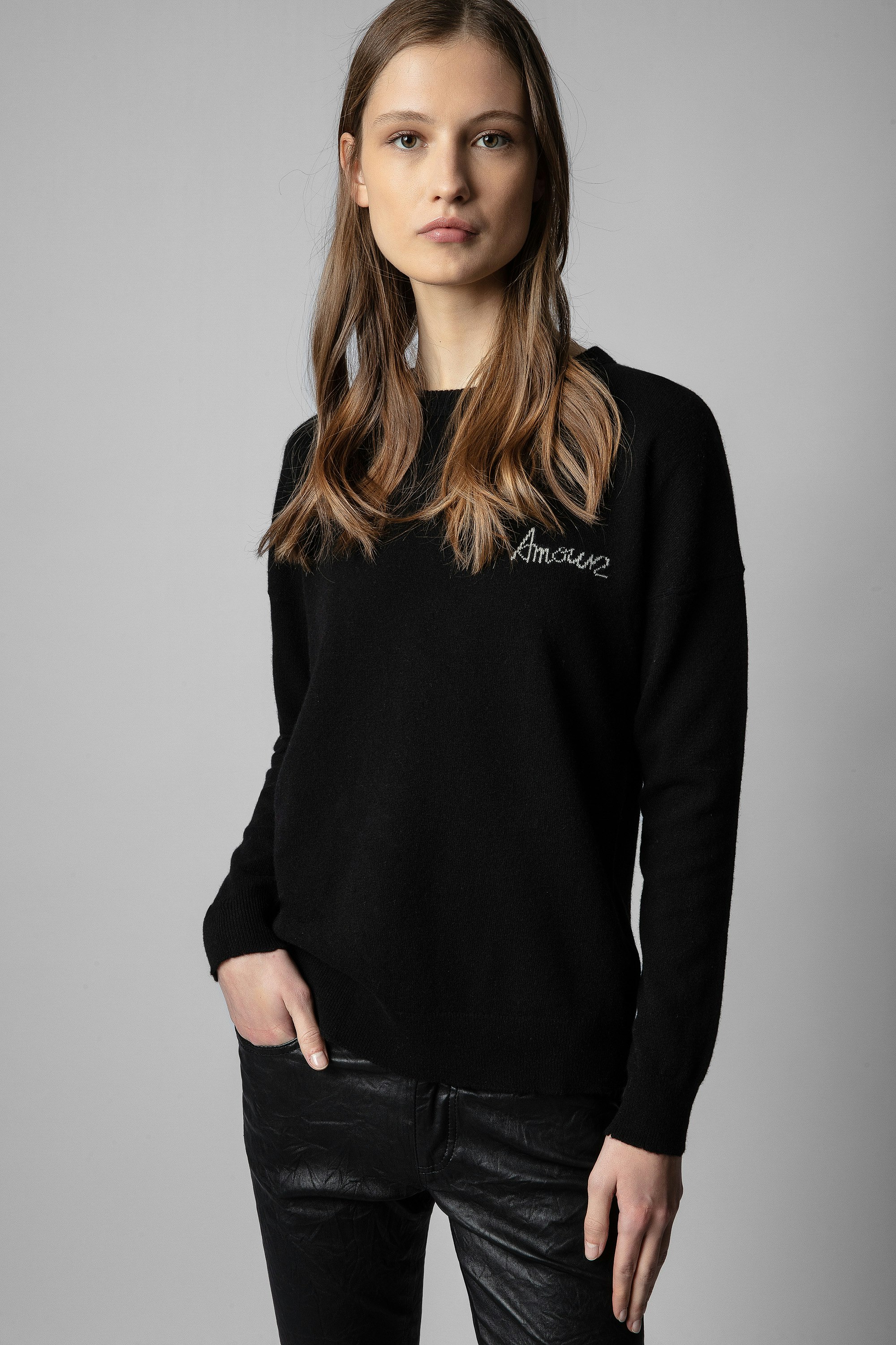 Gaby Amour Sweater - Women's black sweater with "Amour" embroidery on chest.