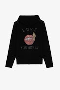 Sixtine Love Yourself Strass Sweatshirt - Women's black hooded sweater with rhinestone "LOVE YOURSELF" and lips.