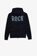 Sixtine Camo Rock Strass Sweatshirt - Women's navy blue hooded sweater with rhinestone "ROCK" on back.