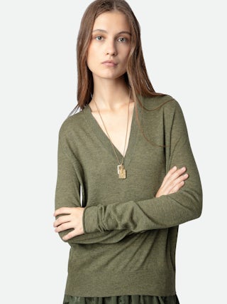 Pull River 100% Cachemire - Pull en 100% cachemire plume kaki à col V et manches longues.