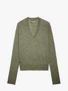 River Jumper 100% Cashmere - Women's khaki feather 100% cashmere jumper with V neckline and long sleeves.