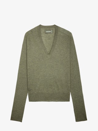 Pull River 100% Cachemire - Pull en 100% cachemire plume kaki à col V et manches longues.