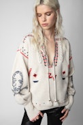 Amanda Jumper - Women’s ecru jumper with a deep neckline and embroidery
