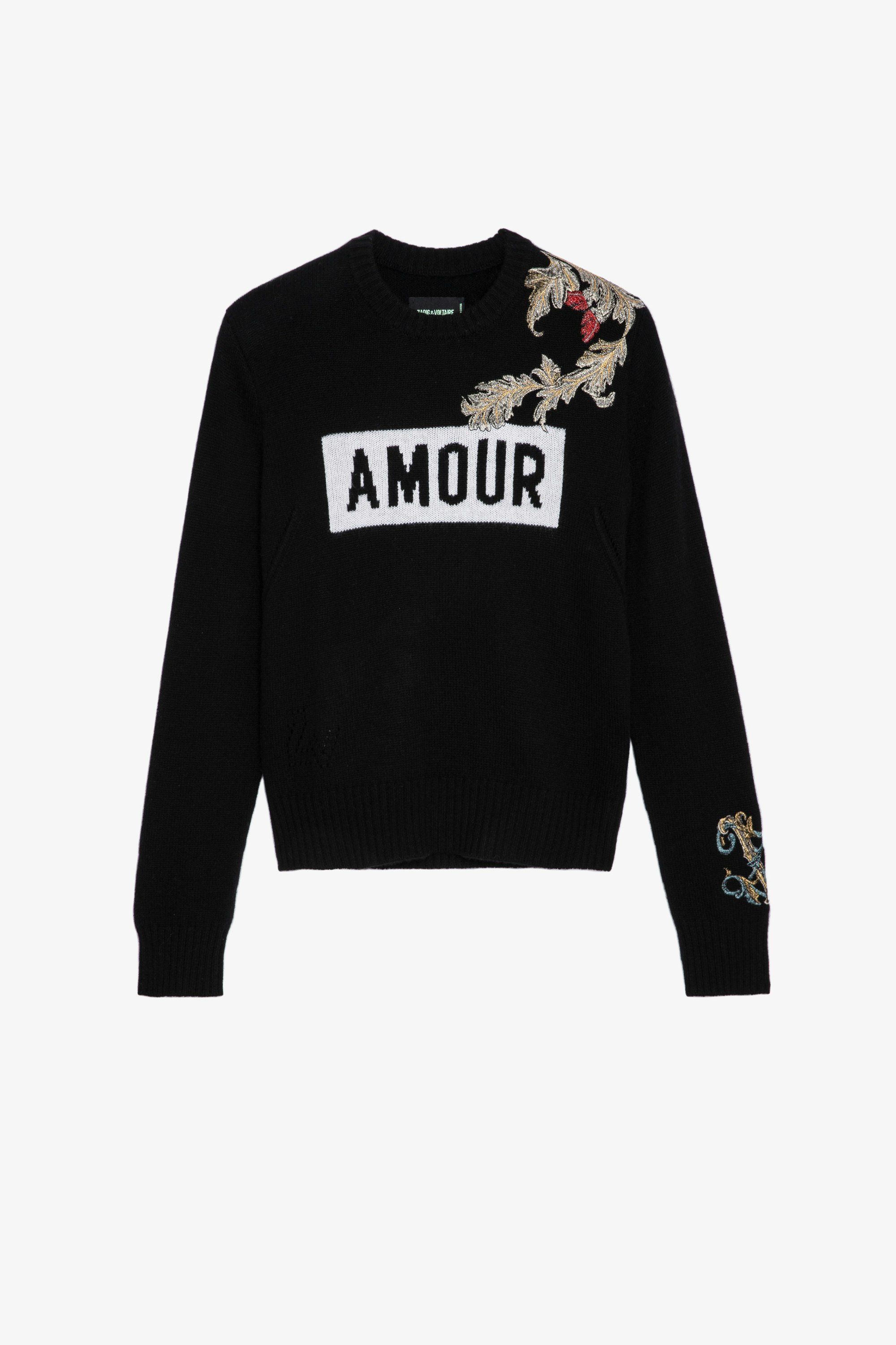 Life Cashmere Jumper Women’s black cashmere jumper with “Amour” slogan and floral motifs