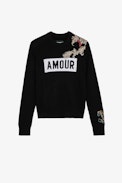 Life Cashmere Jumper - Women’s black cashmere jumper with “Amour” slogan and floral motifs