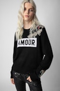Life Cashmere Jumper - Women’s black cashmere jumper with “Amour” slogan and floral motifs