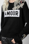Life Cashmere Jumper - Women’s black cashmere jumper with “Amour” slogan and floral motifs