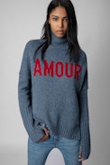 Alma Amour Jumper - Women’s blue knit turtleneck jumper with contrasting “Amour” slogan