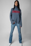 Alma Amour Jumper - Women’s blue knit turtleneck jumper with contrasting “Amour” slogan