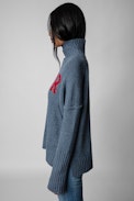 Alma Amour Jumper - Women’s blue knit turtleneck jumper with contrasting “Amour” slogan