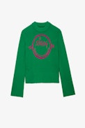 Pullover Lanna - Grüner Damenpullover aus Merinowolle mit rosafarbenen „Happy Face“-Maximotiv