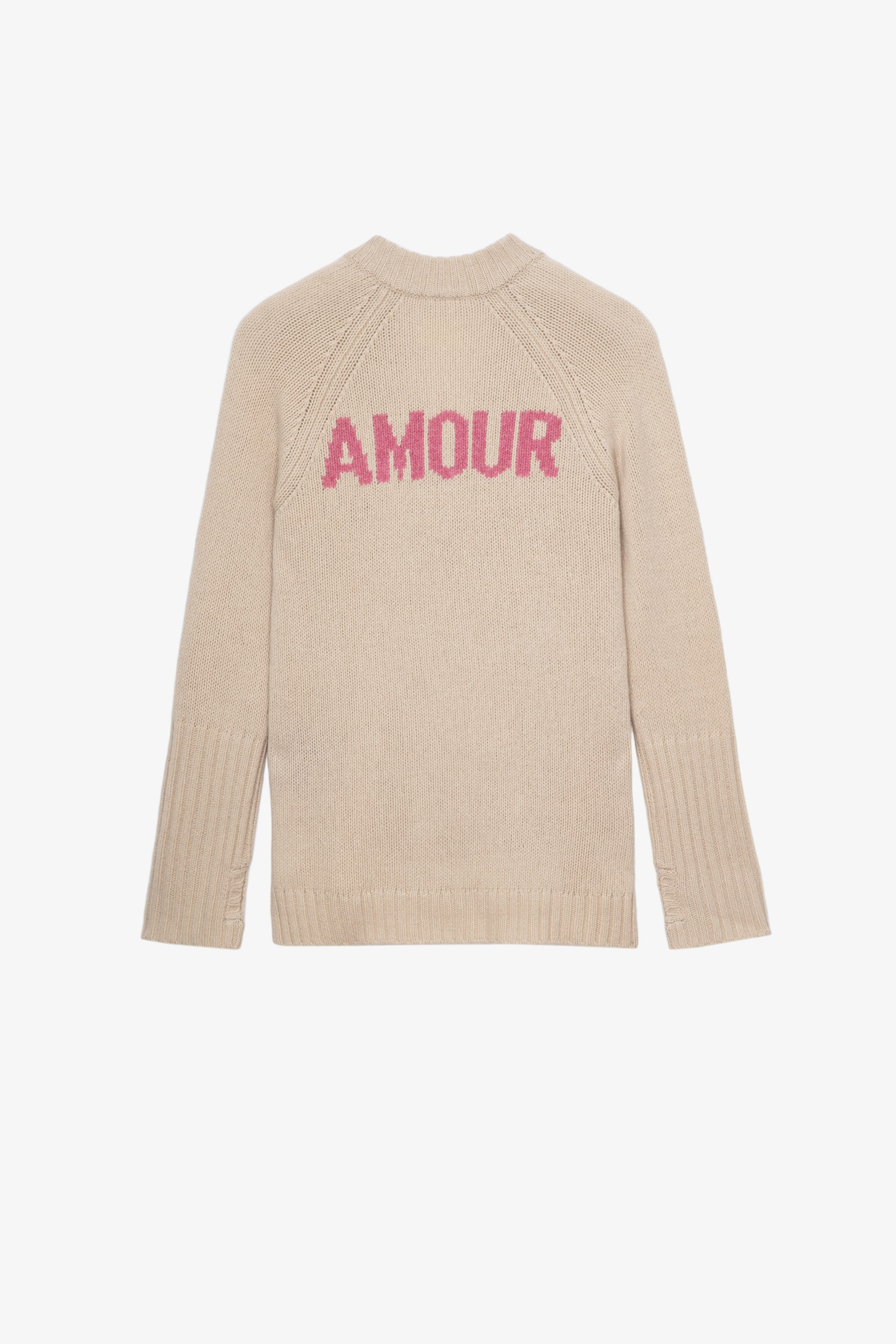 Pullover Valmy Amour Damenpullover aus beigefarbenem Strick mit der Aufschrift „Amour“ auf dem Rücken