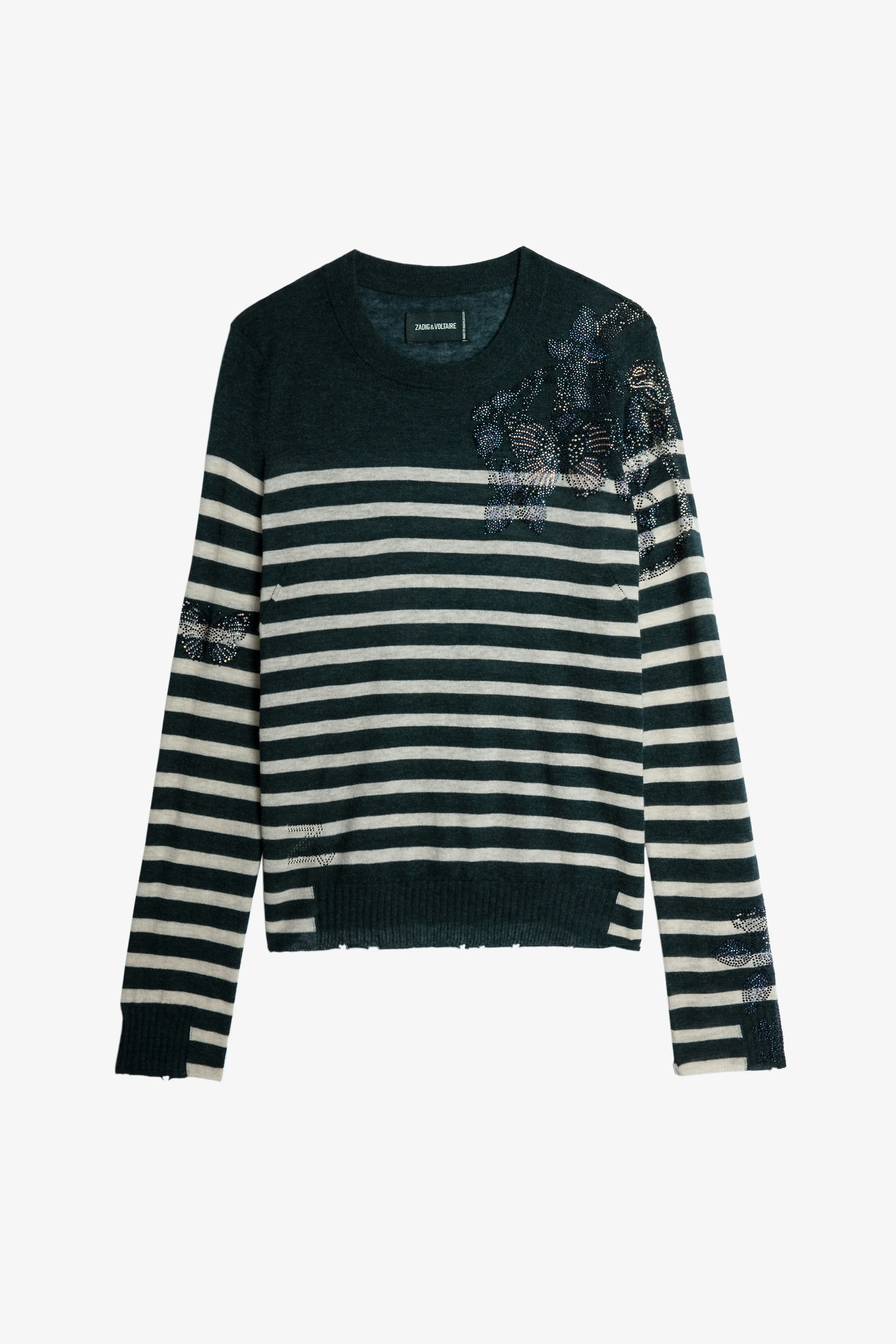 Source カシミヤ ニット Women's green cashmere jumper with contrasting stripes and crystal-embellished motif
