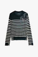 Source Cashmere Jumper - Women's green cashmere jumper with contrasting stripes and crystal-embellished motif