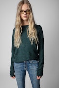 Jersey Cici Patch Cachemire - Jersey de cachemira verde con parches de lentejuelas en los codos para mujer