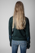 Jersey Cici Patch Cachemire - Jersey de cachemira verde con parches de lentejuelas en los codos para mujer