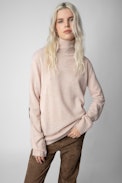 Pull Ginni Cachemire - Pull en cachemire rose blush muni d'un col roulé et orné de patchs étoiles aux coudes femme