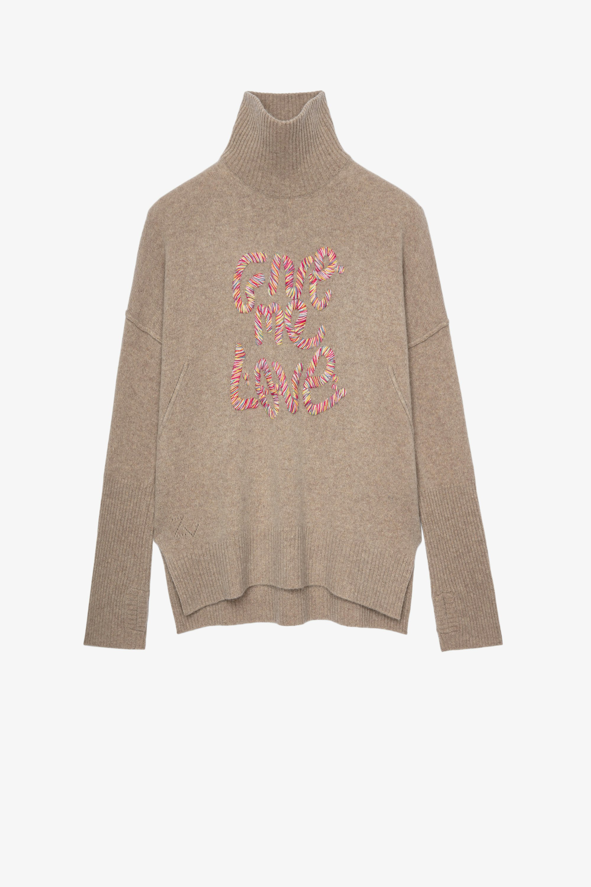 Alma Give Me Love Jumper Beige knit jumper with “Give Me Love” slogan