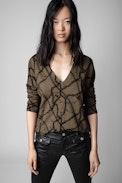 Brumy Chains Jumper - Women's bronze linen and cotton jumper with chain print