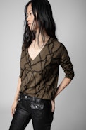 Brumy Chains Jumper - Women's bronze linen and cotton jumper with chain print