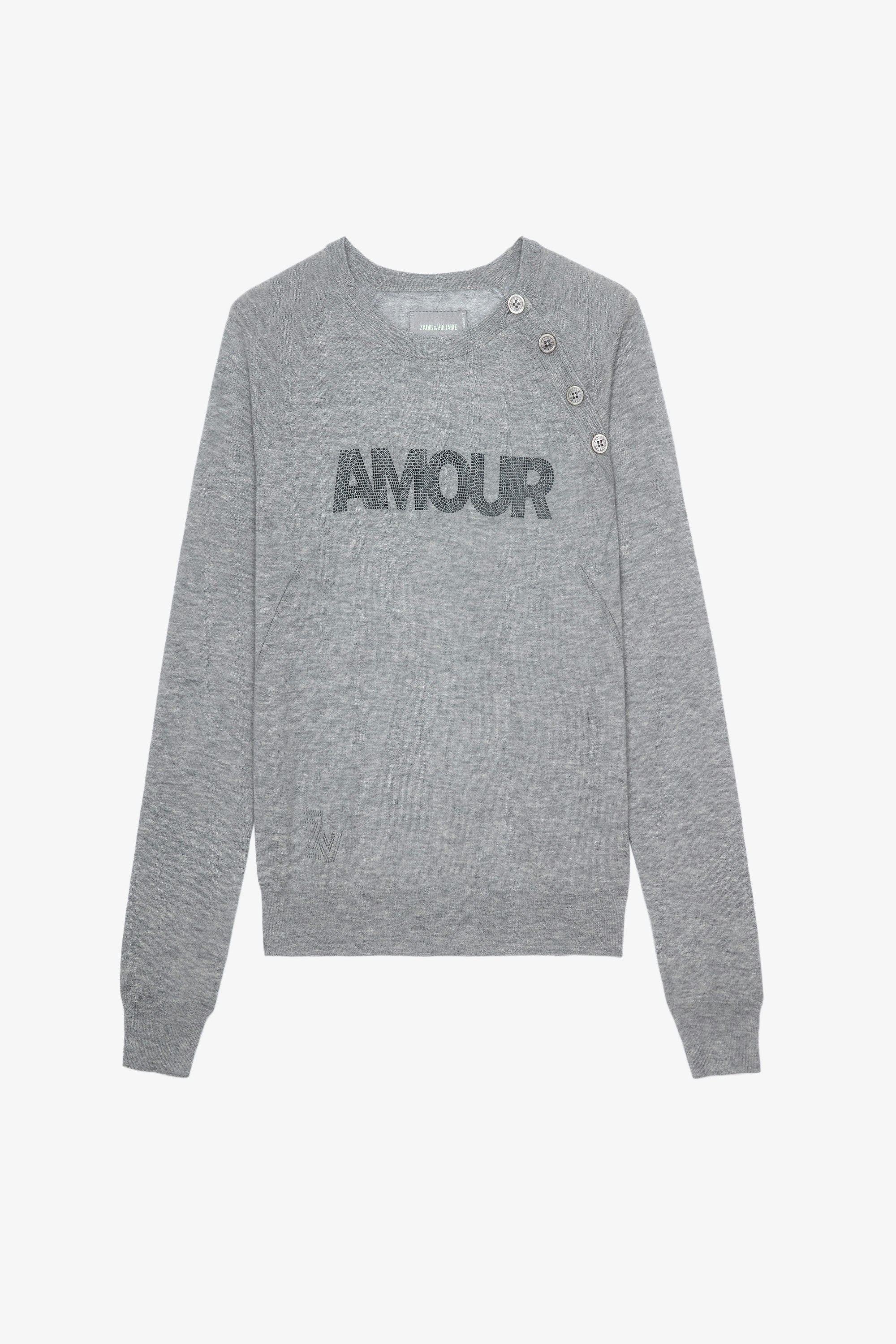 Regliss Cashmere Jumper Women’s grey cashmere jumper with “Amour” slogan and button detailing