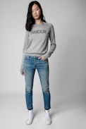 Pull Regliss Cachemire - Pull boutonné en cachemire gris à inscription "Amour" femme