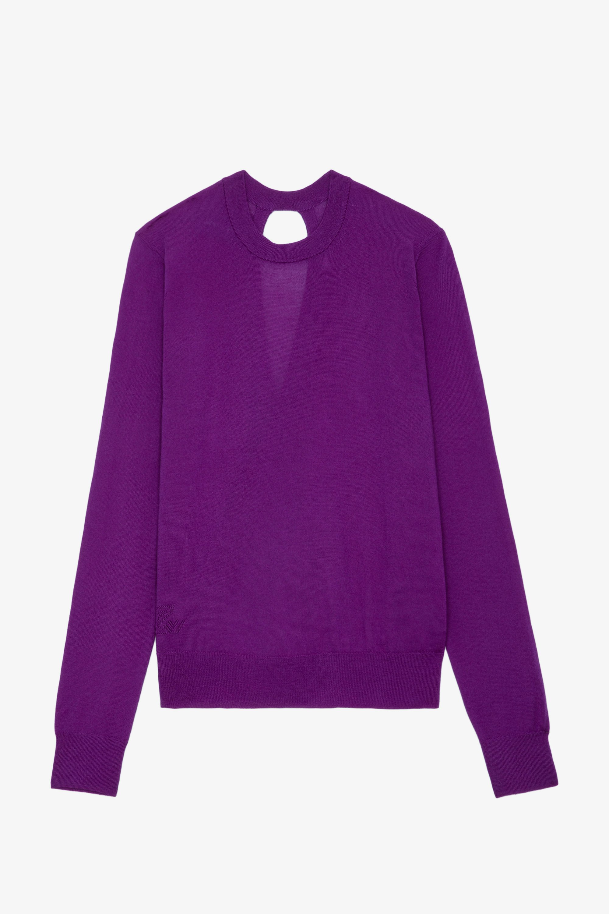 Jersey Emma - Jersey violeta de lana merina con cuello redondo, mangas largas y espalda cruzada y abierta.