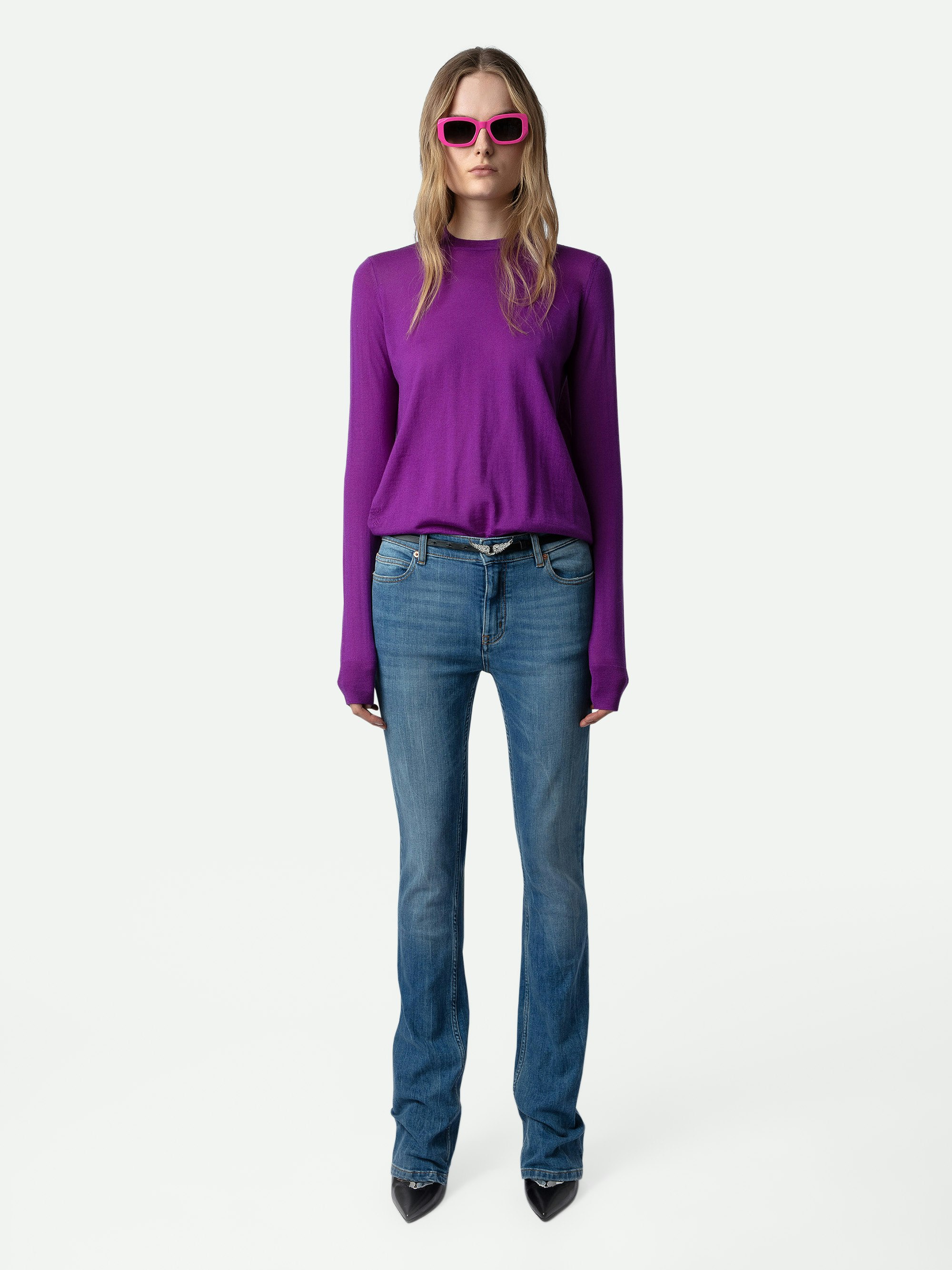 Maglione Emma 100% Lana Merino - Maglione in 100% lana merino viola girocollo con maniche lunghe e schiena incrociata aperta.