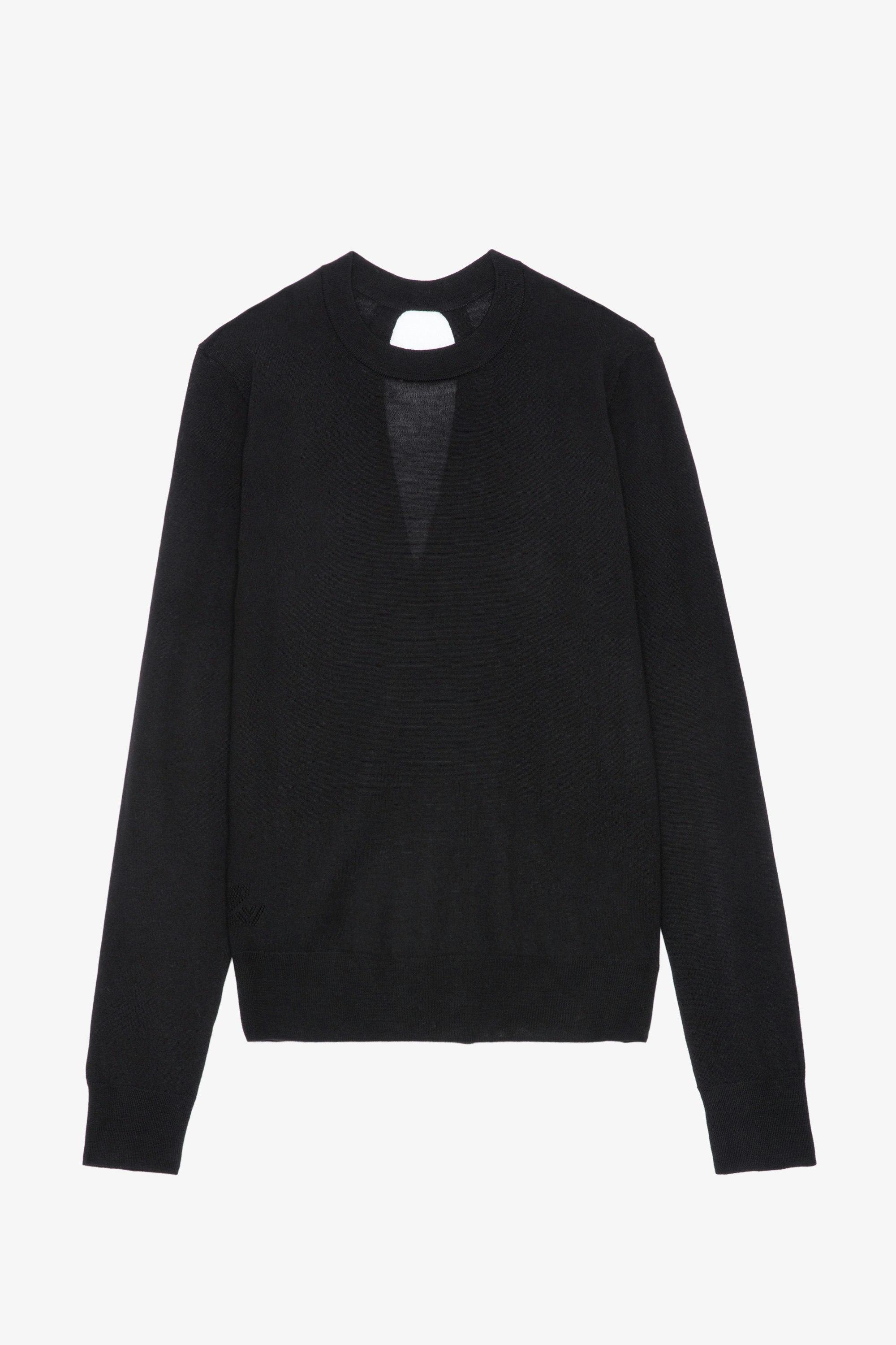 Maglione Emma - Maglione in lana merino nero girocollo con maniche lunghe e schiena incrociata aperta.