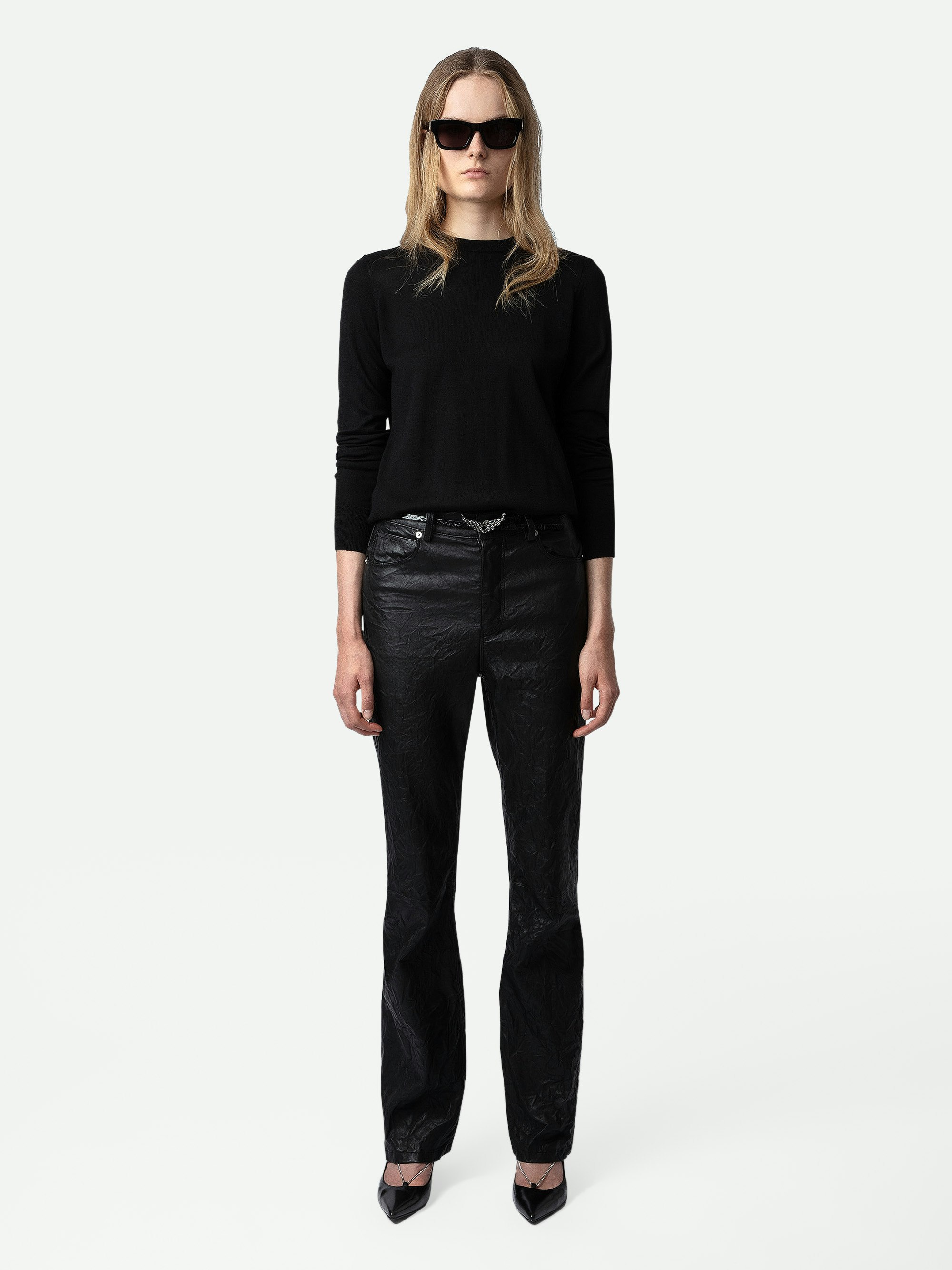 Jersey Emma 100% Lana Merina - Jersey negro de 100% lana merina con cuello redondo, mangas largas y espalda cruzada y abierta.