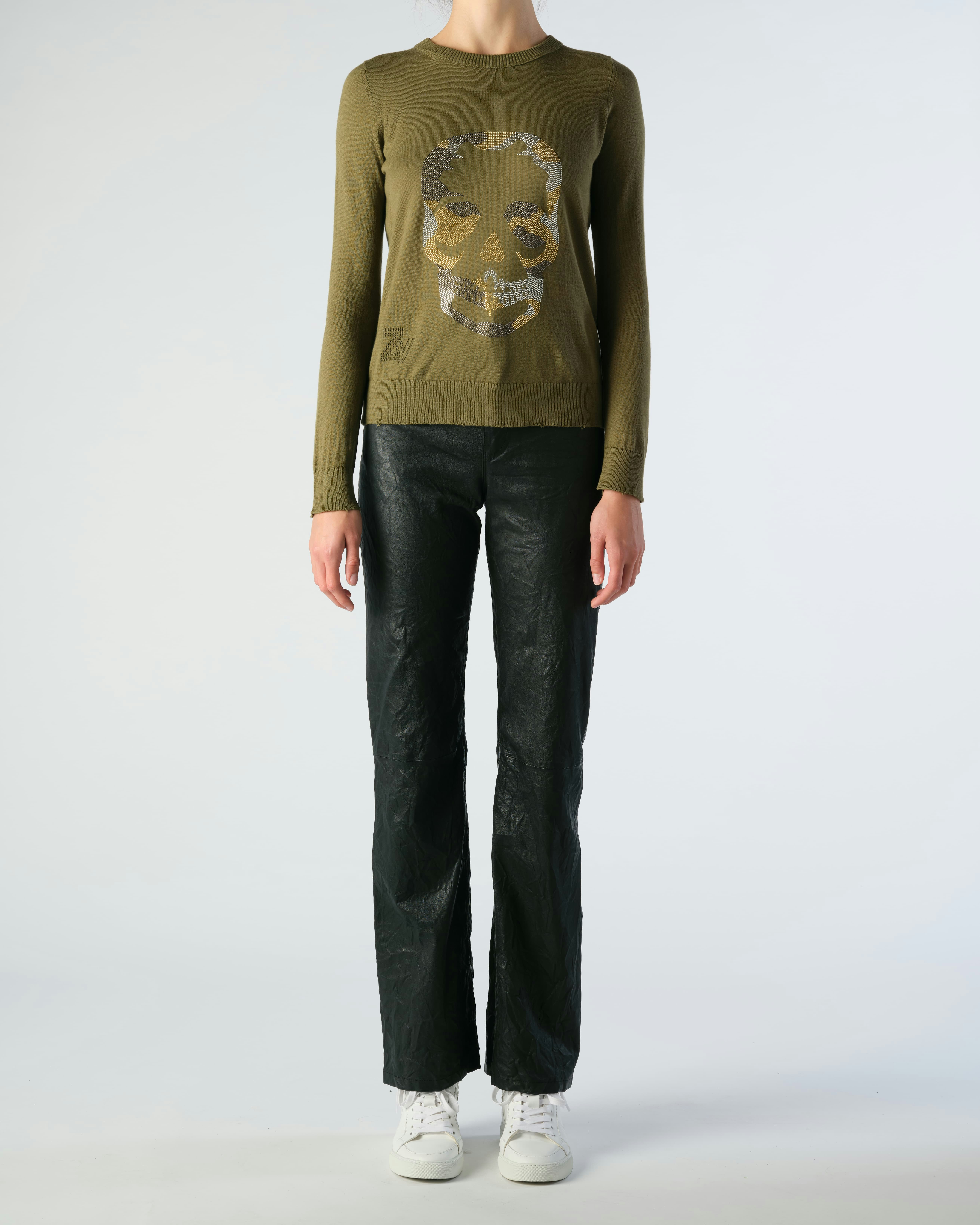 Miss Camo Skull Diamanté Sweater - Women's cotton khaki green sweater with diamanté skull embellishment on front.