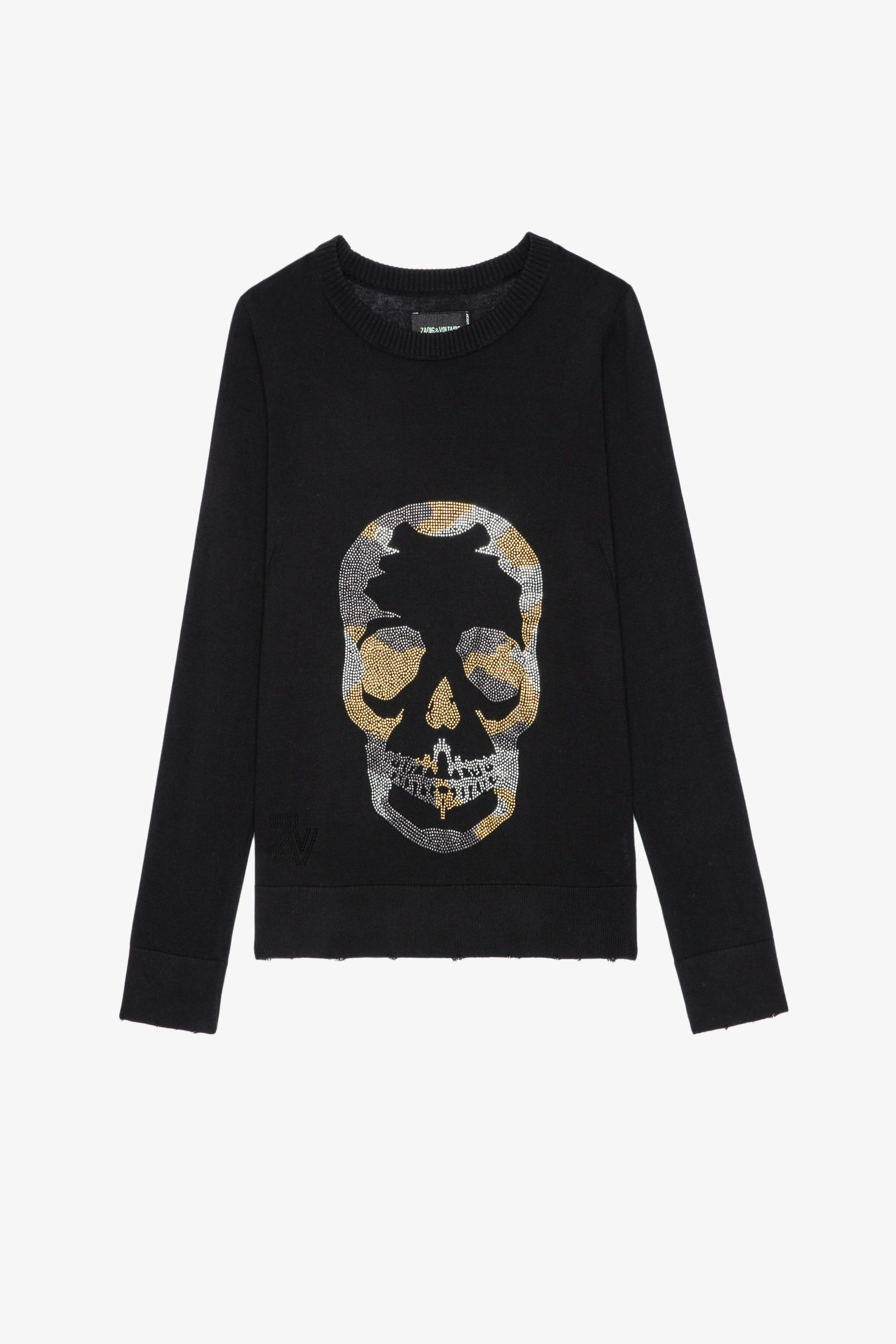 Miss Camo Skull Diamanté Sweater - Women's black sweater with rhinestone skull on front.