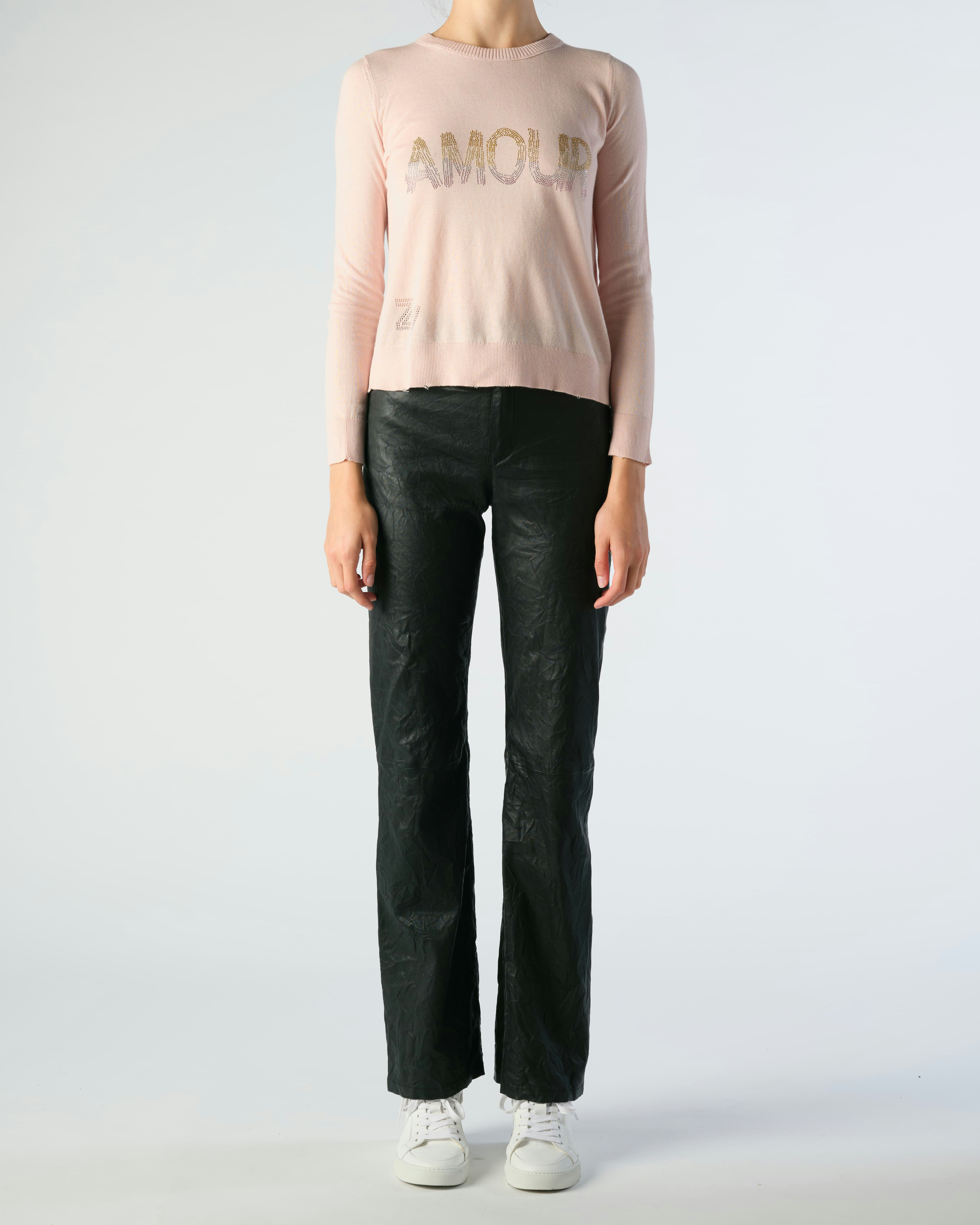 Miss Amour Diamanté Sweater - Women's cotton light pink sweater with diamanté Amour embellishment on front.