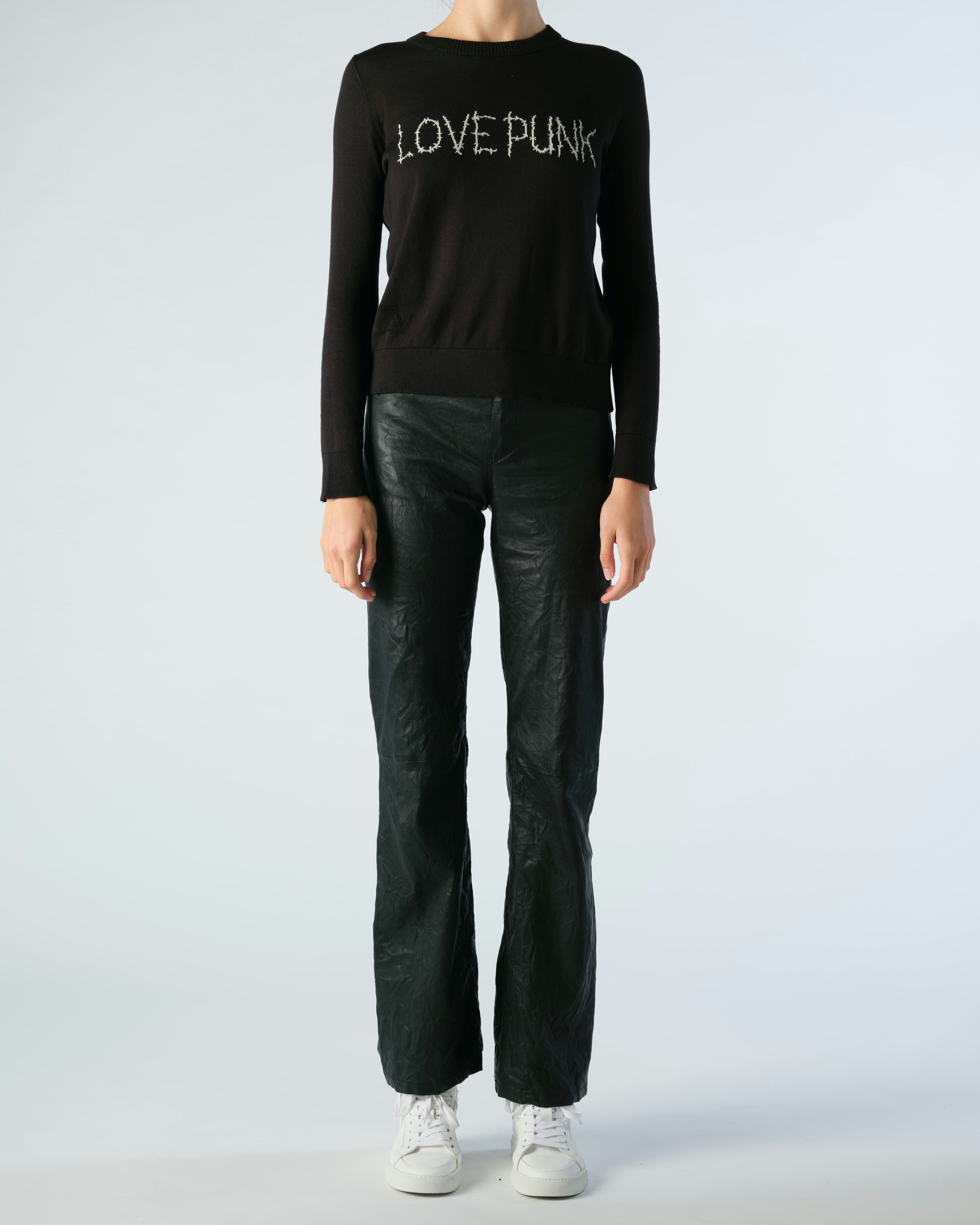 Miss Love Punk Sweater - Women's cotton black sweater with "LOVE PUNK" intarsia on front.