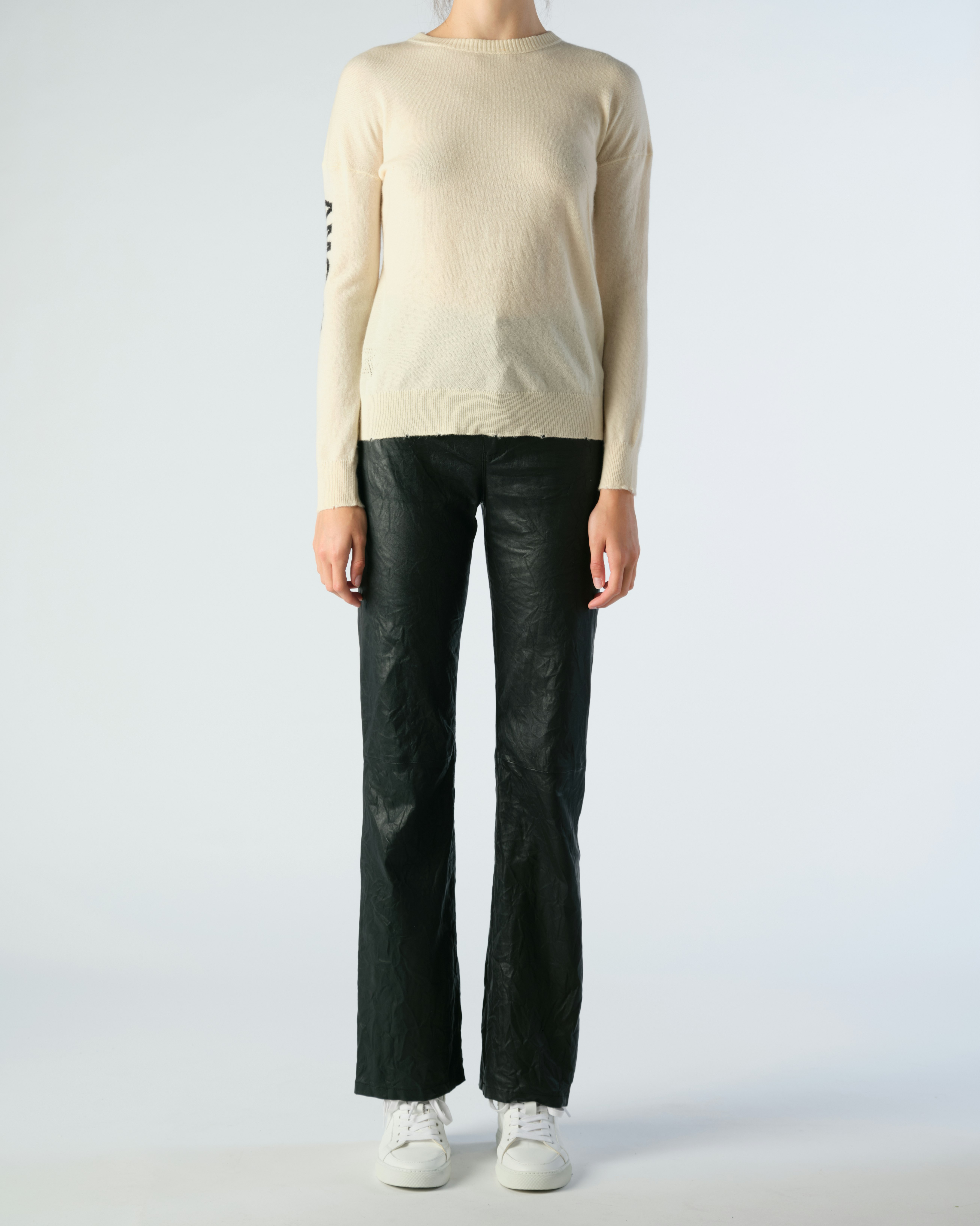 Gaby Amour Sweater - Women's white wool and cashmere sweater with "AMOUR" intarsia on sleeve.