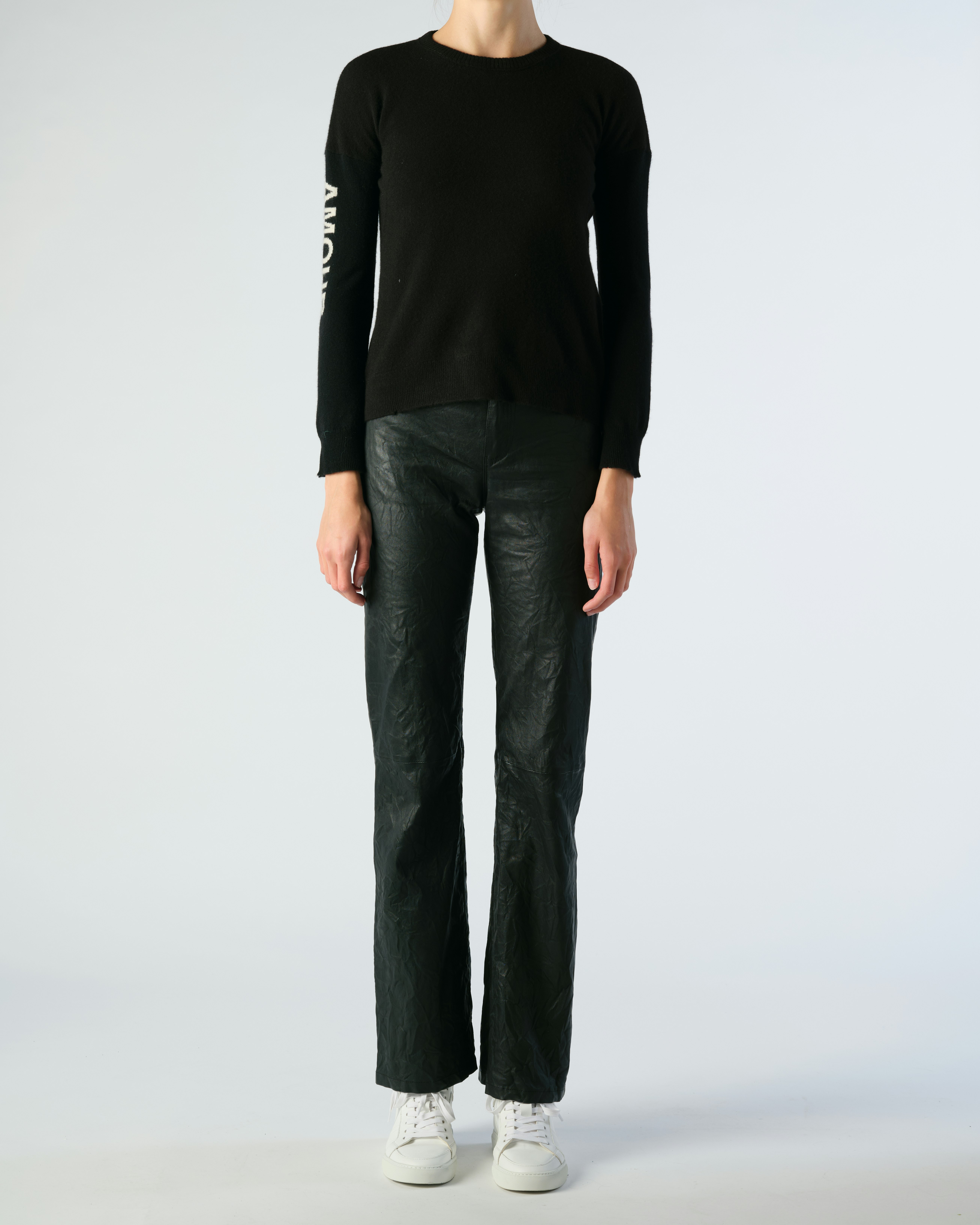 Gaby Amour Sweater - Women's black wool and cashmere sweater with "AMOUR" intarsia on sleeve.