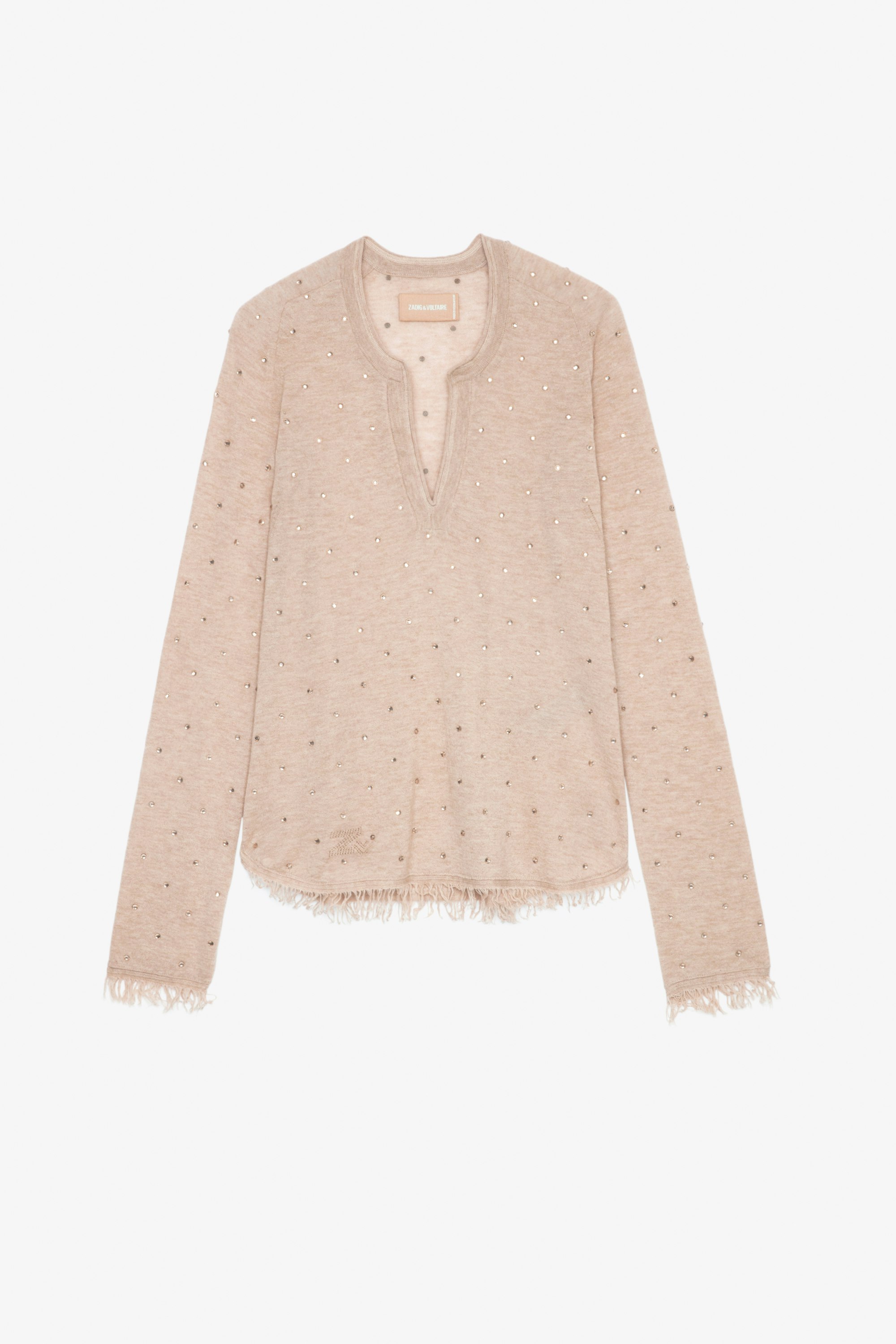 Riviera Cashmere Pullover Women's pale pink cashmere pullover with rhinestones and fringing