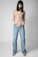 Riviera Cashmere Jumper - Women's pale pink cashmere pullover with rhinestones and fringing