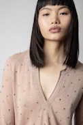 Riviera Cashmere Jumper - Women's pale pink cashmere pullover with rhinestones and fringing