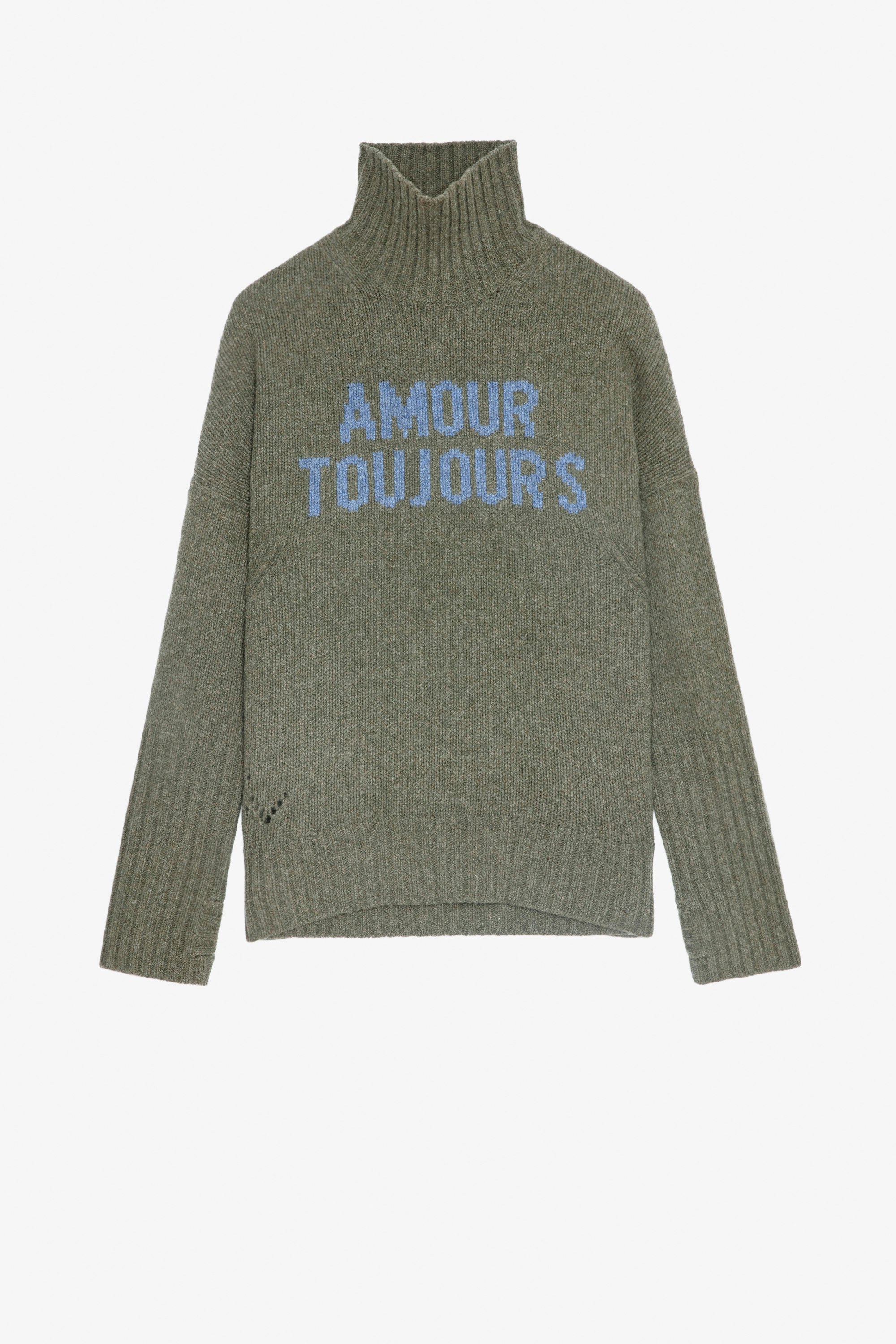 Alma Sweater Women’s high-necked khaki merino wool sweater featuring “Amour Toujours” slogan