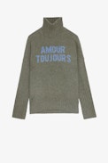 Alma Jumper - Women’s high-necked khaki merino wool sweater featuring “Amour Toujours” slogan