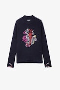 Malta Jumper - Women’s jumper in embroidered navy blue merino knit