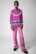 Malta Cashmere Jumper - Women’s jumper in mauve tie-dye cashmere with embroidered “Bonheur” slogan