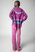 Malta Cashmere Jumper - Women’s jumper in mauve tie-dye cashmere with embroidered “Bonheur” slogan