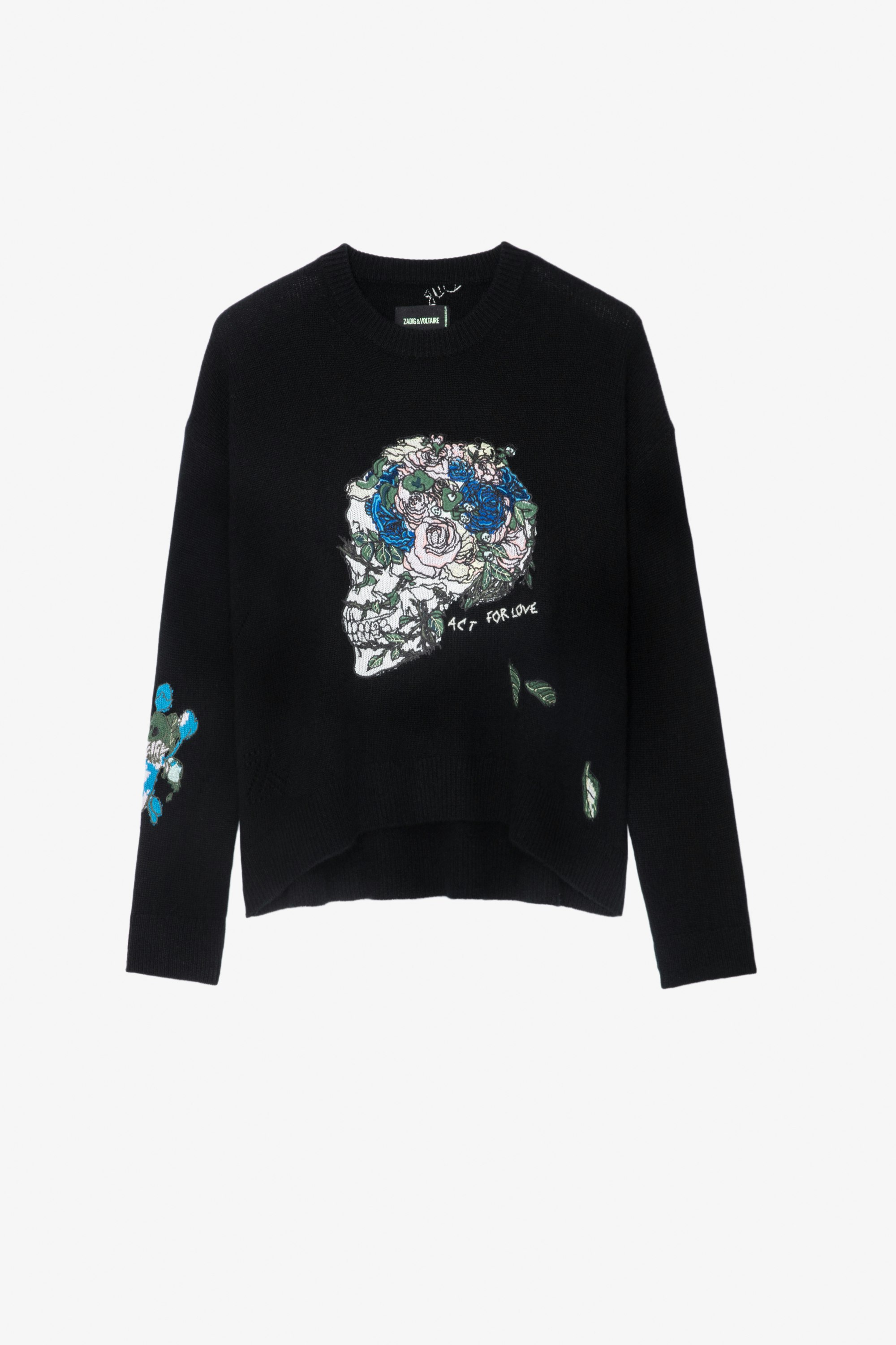 Markus Cashmere Jumper Women’s black cashmere jumper with floral motifs, a skull and “Act For Love” and “Amour” slogans