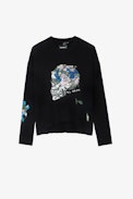Markus Cashmere Jumper - Women’s black cashmere jumper with floral motifs, a skull and “Act For Love” and “Amour” slogans