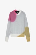 Montana Jumper - Women's tie-dye off-white cotton pullover with palm tree pattern on the back