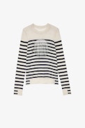 Source Cashmere Jumper - Women's off-white striped cashmere pullover with a rhinestone-set Zadig Happy Face